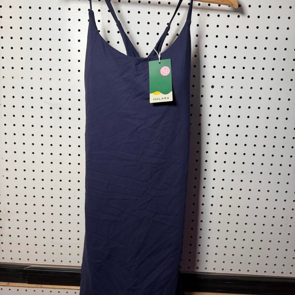 HALARA Navy Blue Midi Slip Dress with Adjustable Straps
